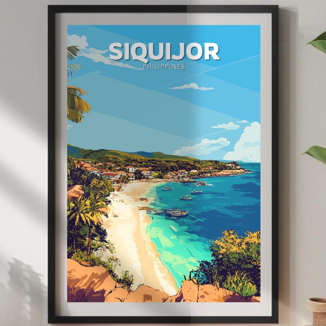 Siquijor Philippines Coastal Town Turquoise Bay Boats Travel Poster