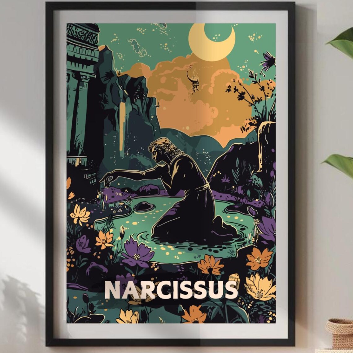Narcissus Moonlit Pool Flowers Greek Mythology Portrait Art Poster