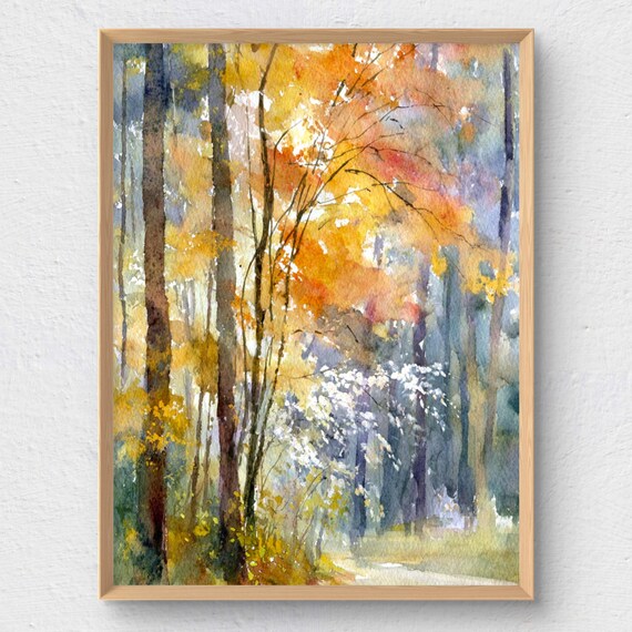 Golden Autumn Forest Watercolor Fall Foliage Woodland Art Poster