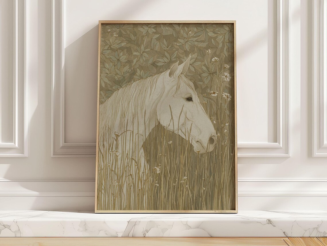 White Horse In Tall Grass Sage Green Minimalist Equestrian Poster