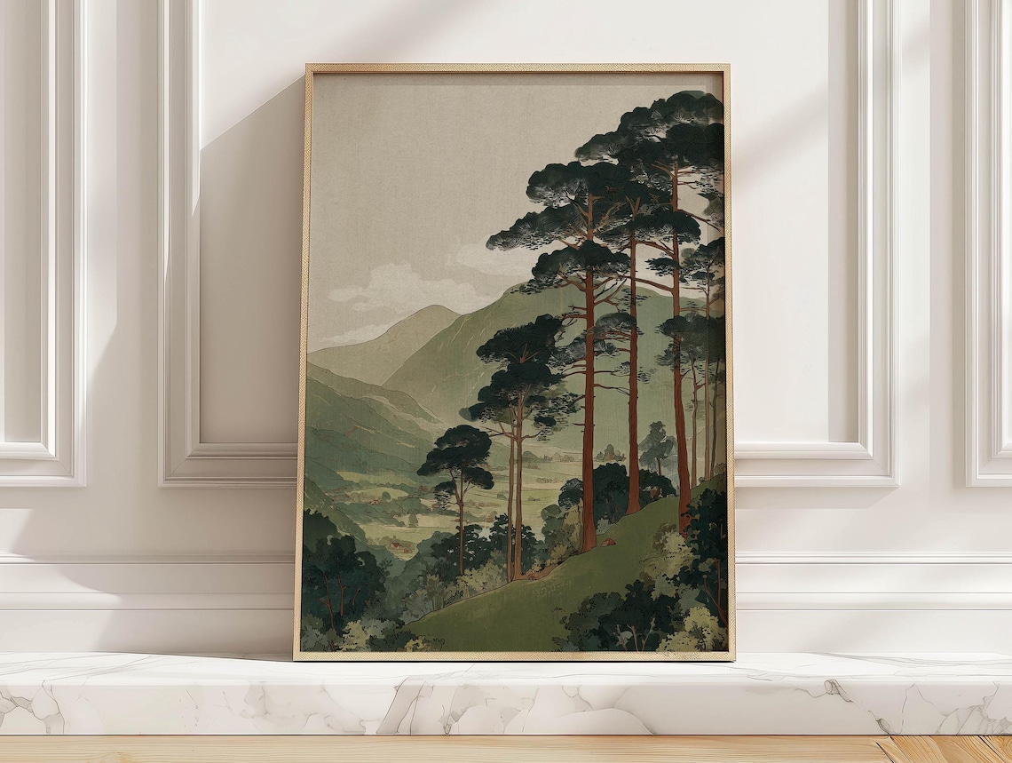 Vintage Pine Trees Over Mountains Art Print