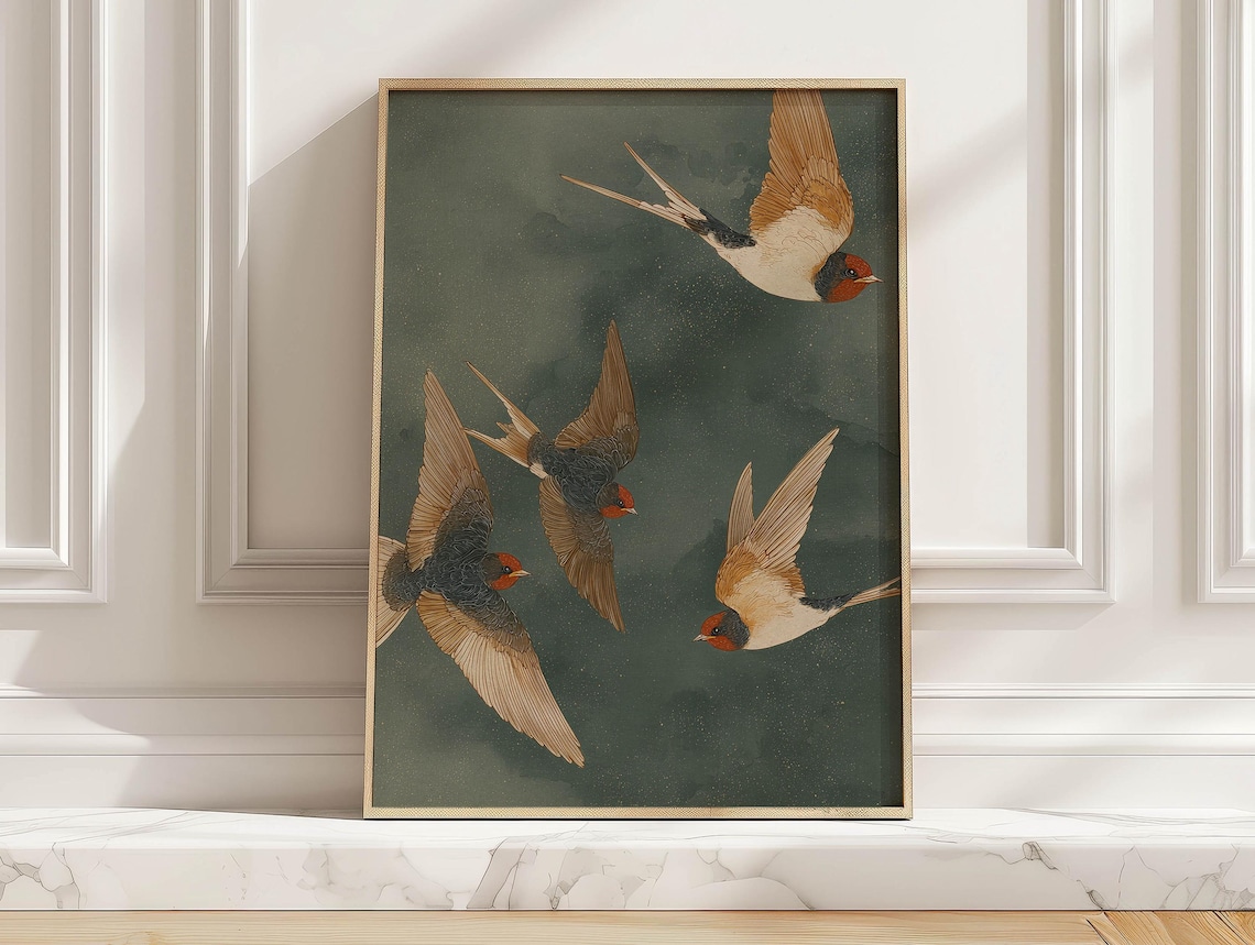 Vintage Swallow Flock, Rustic Nature Poster