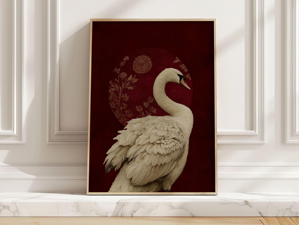 White Swan In Floral Moon, Vintage Poster