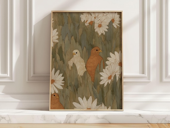 Two Songbirds Daisy Meadow Nursery Style Botanical Art Poster