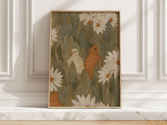 Vintagestyle Bird And Daisy Meadow Art Print Soft Green Botanical Illustration Poster For Cozy Cottage Nursery Room