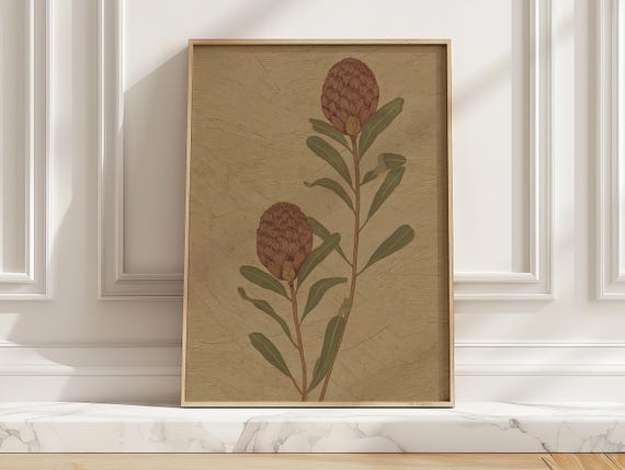 Minimalist Protea Wildflower Art Print Japandi Botanical Flower Poster Neutral Tan Rust Bedroom Wall