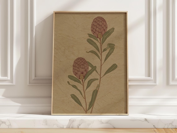 Protea Wildflower Minimalist Beige Japandi Botanical Art Poster