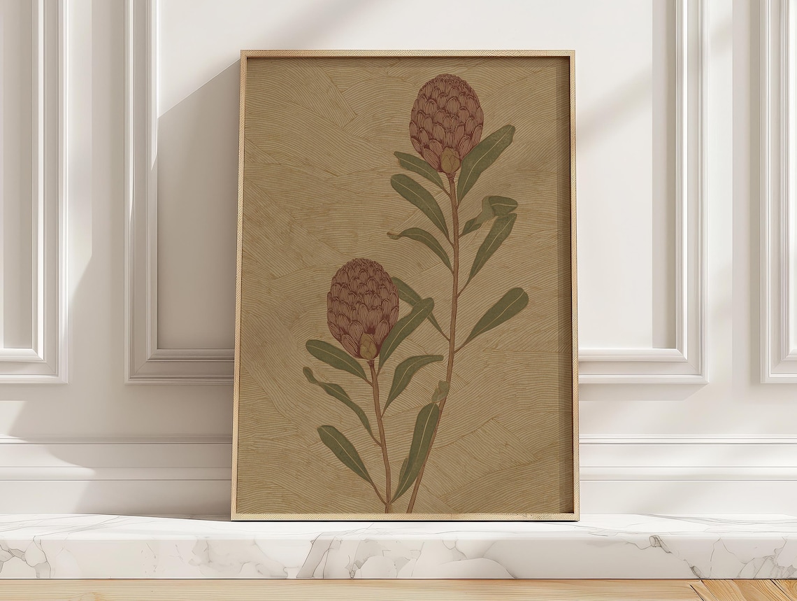 Protea Wildflower Minimalist Beige Japandi Botanical Art Poster