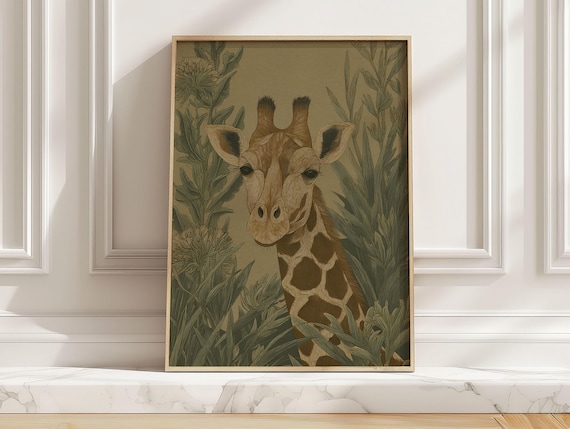 Giraffe Portrait in Tropical Leaves Vintage Safari Animal Wall Art