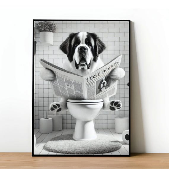 Funny St Bernard Bathroom Wall Art St Bernard Sitting On Toilet Bernard Bathroom Decor Pet In Toilet Humor Pet Shop