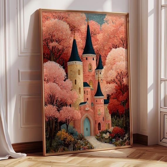 Pink Fairytale Castle Wall Art Print Whimsical Paletteknife Painting Pastel Nursery Kids Room Decor Princess Chteau Poster
