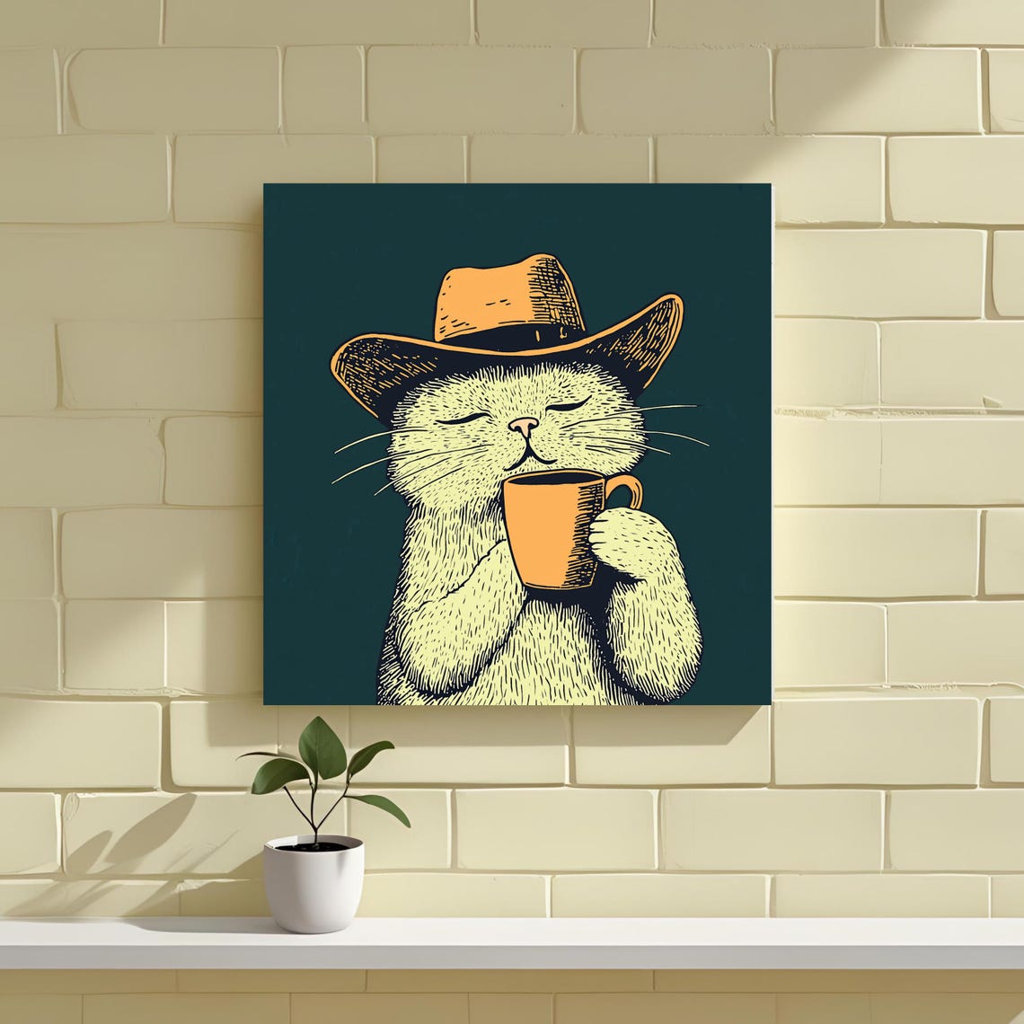 White Cat in Cowboy Hat Sipping Coffee Vintage Engraving Poster