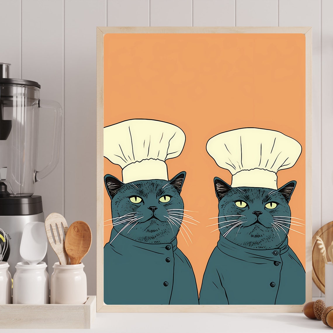 Twin Black Cats Dressed As Chefs In Tall Hats Funny Kitchen Poster