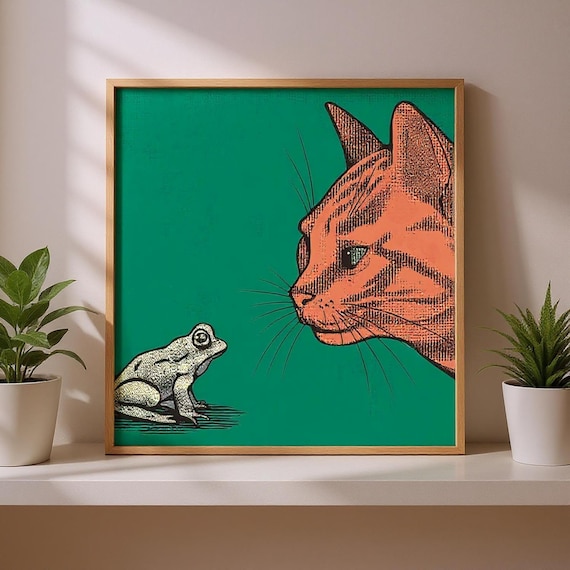 Orange Tabby Cat Eye To Eye With A Frog Retro Pop Art Poster