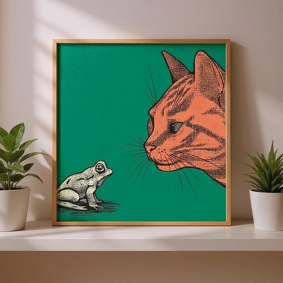 Quirky Orange Tabby Frog Art Print Retro Cat Lover Gift Funny Ginger Poster Vintage Animal Wall Decor And Artwork