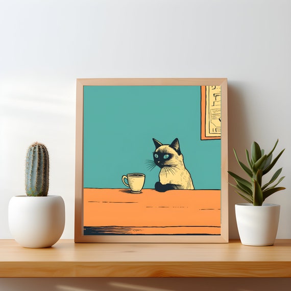 Siamese Cat Chilling With Coffee And Books Kitchen Wall Art Illustration Quirky Lover Square Print Poster Gift
