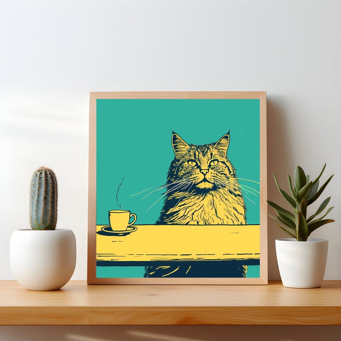 Retro Pop Art Maine Coon Cat Print Funny Long Haired Kitchen Wall Decor Duotone Coffee Dopamine Gift For Lovers