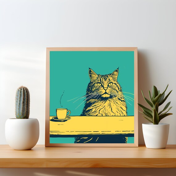Retro Pop Art Maine Coon Cat Print Funny Long Haired Kitchen Wall Decor Duotone Coffee Dopamine Gift For Lovers