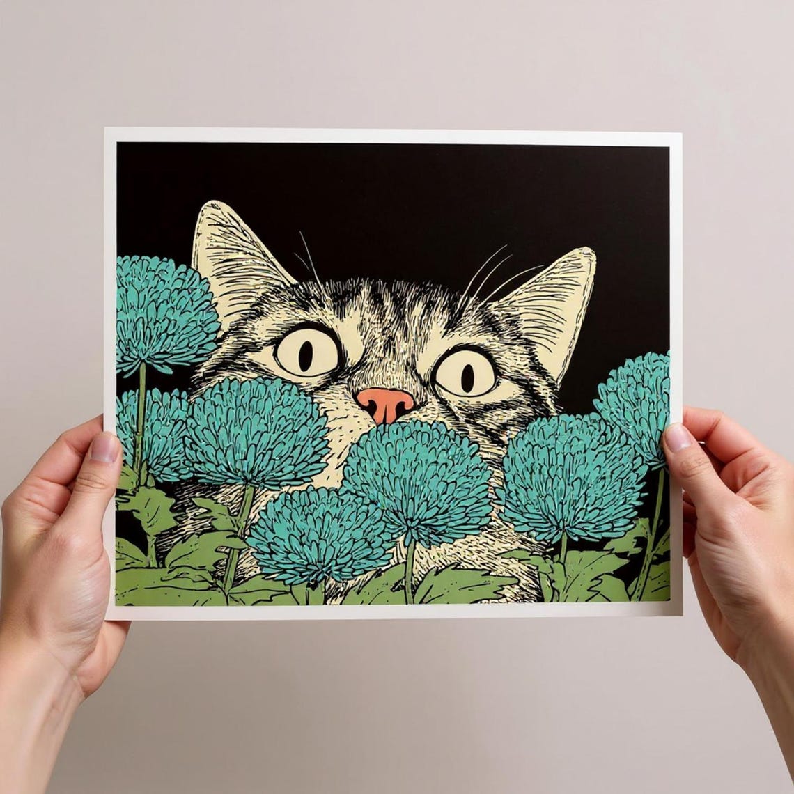 Wide Eyed Tabby Cat Face Among Teal Chrysanthemums Floral Poster