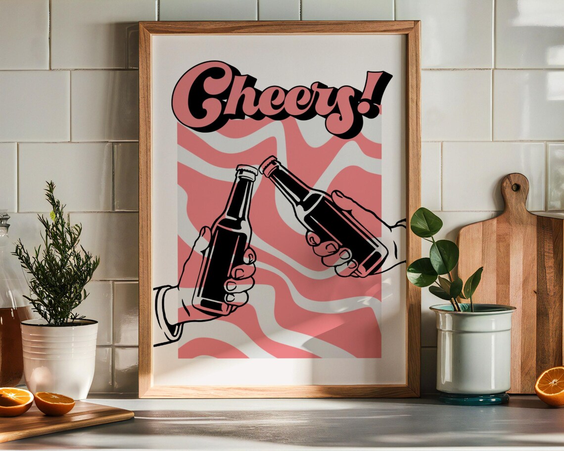 Cheers Beer Bottles Clinking Pink Retro Kitchen Bar Art Poster