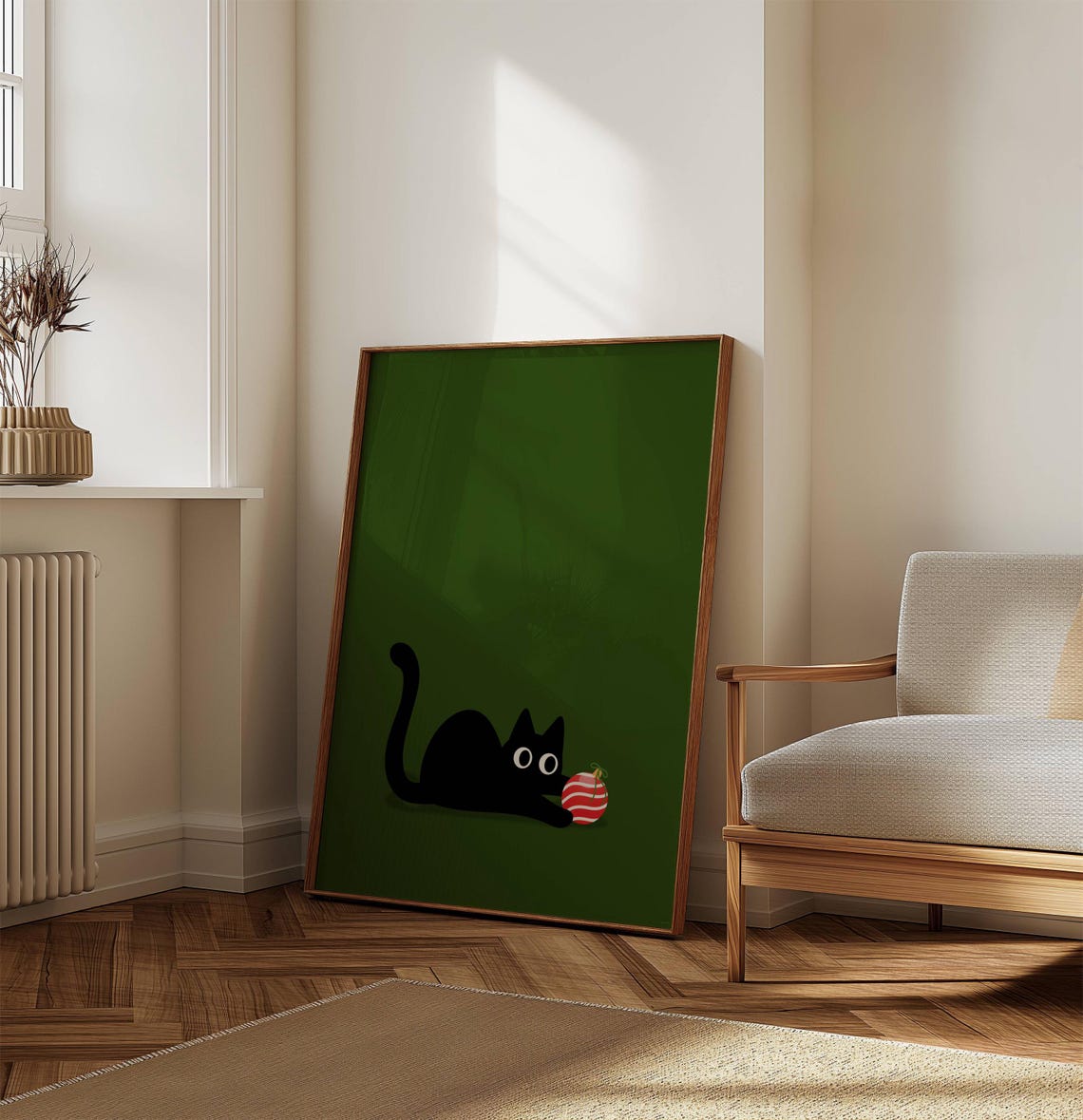 Christmas Cat Black Cat Plays Ornament Green Funny Holiday Poster - Image 5