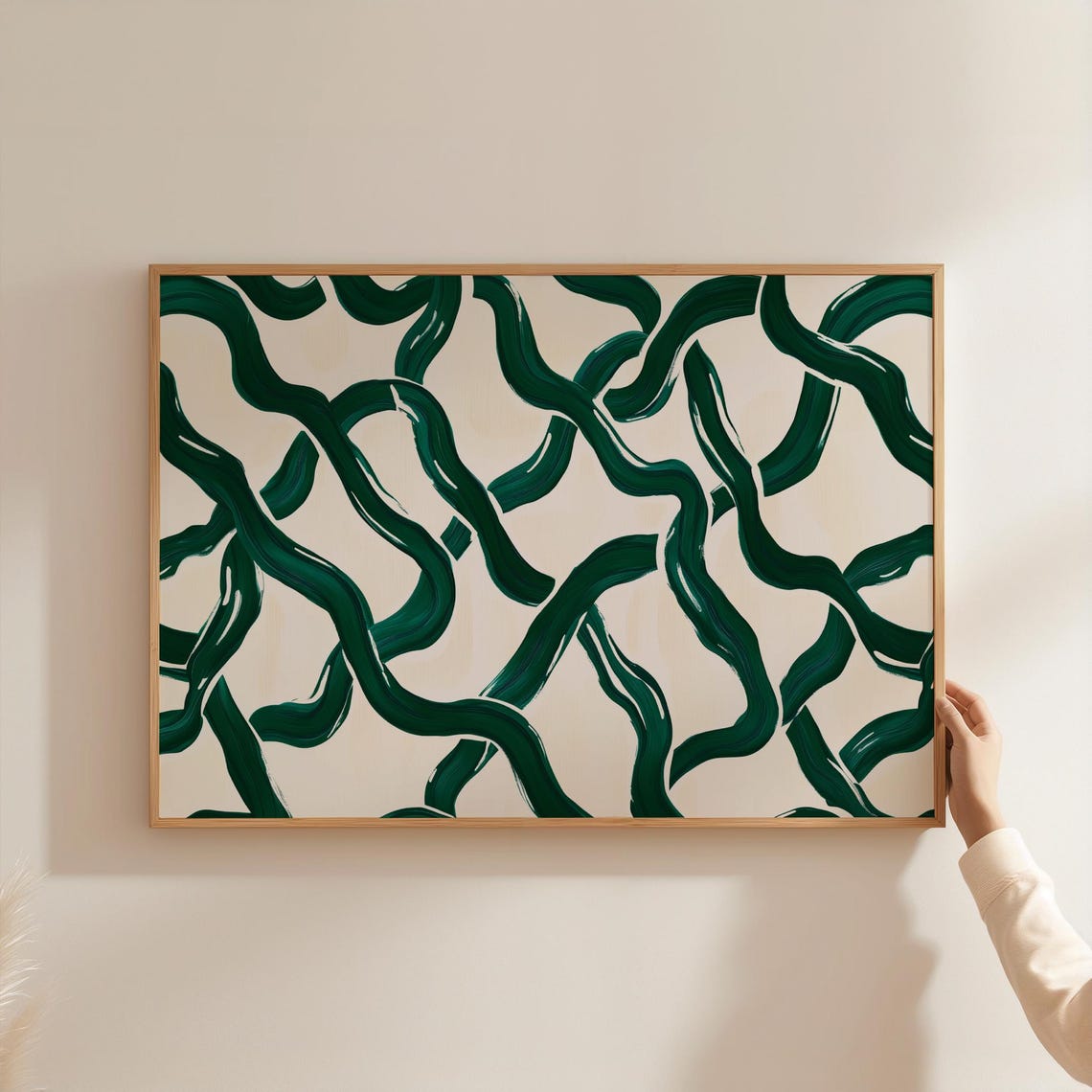 Emerald Green Wavy Lines Abstract Mid Century Modern Wide Wall Art