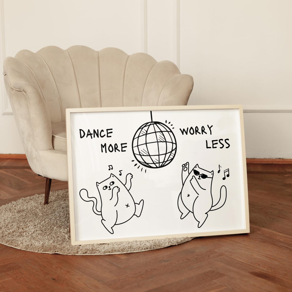 Dance More Worry Less Funny Disco Cats Line Drawing Art Poster - Image 7