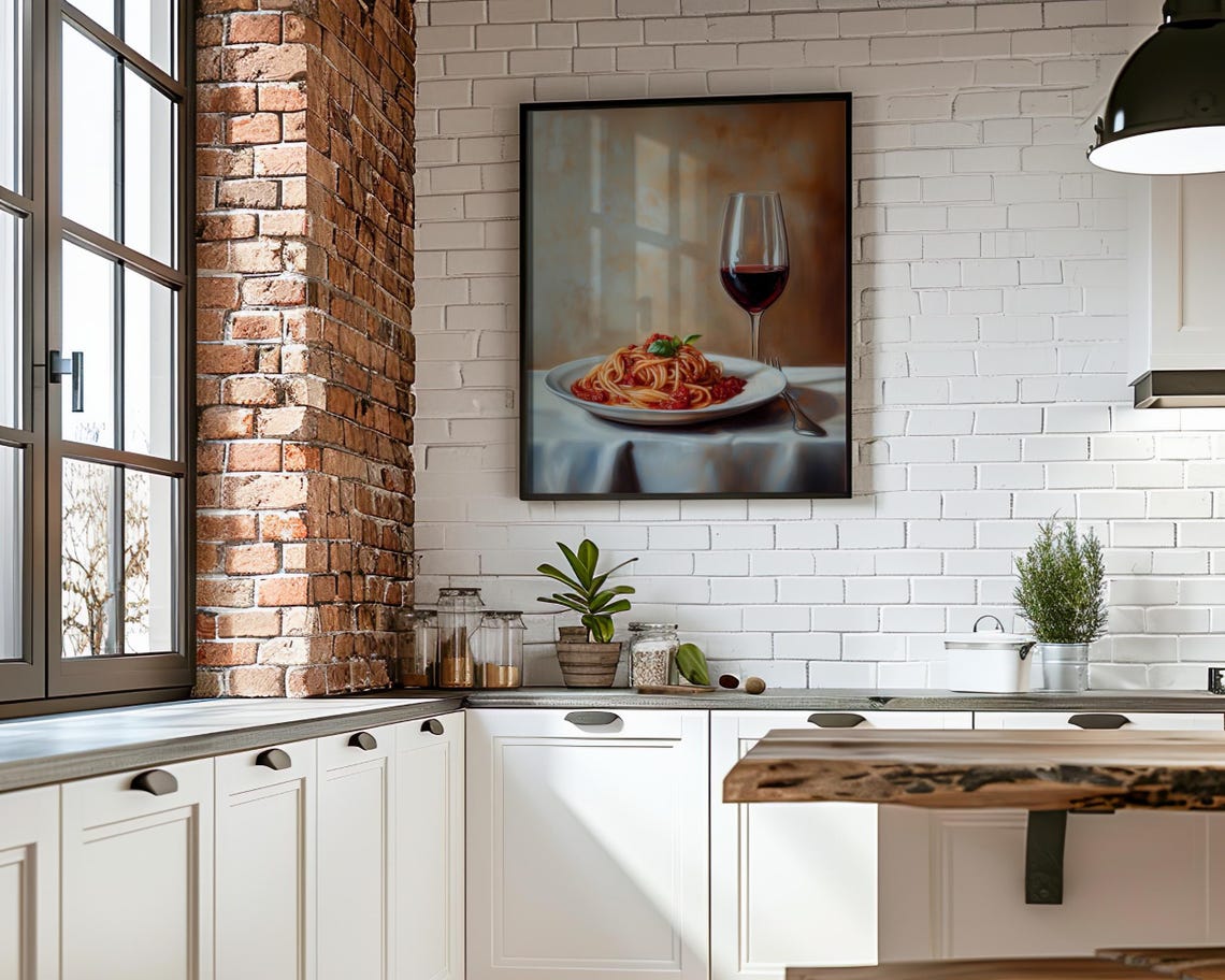 Spaghetti Marinara Red Wine Still Life Oil Painting Kitchen Poster - Image 5