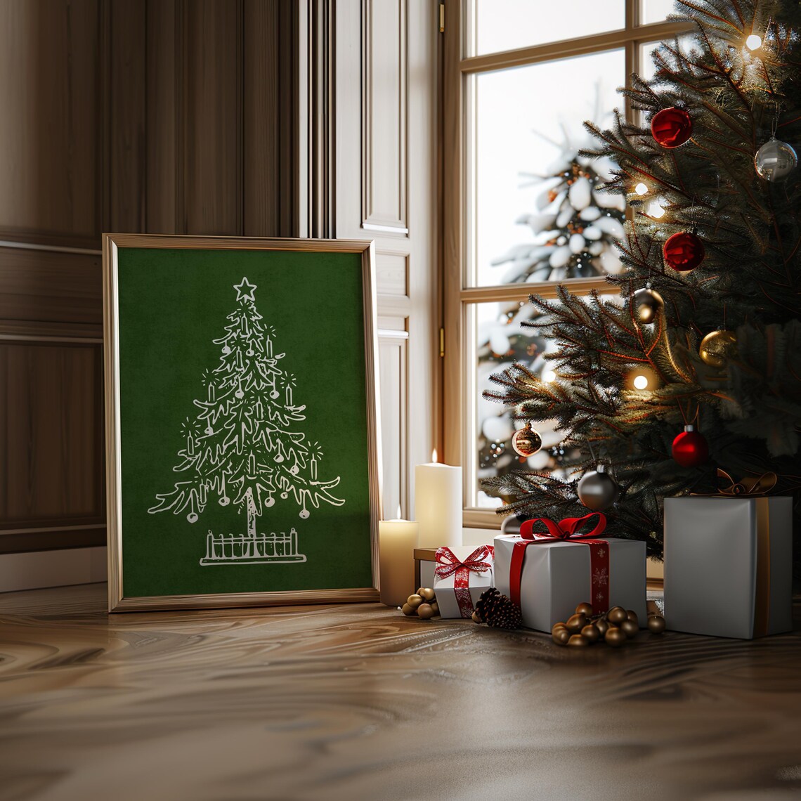 Retro Christmas Tree Green Line Art Minimalist Holiday Sketch Poster - Image 4