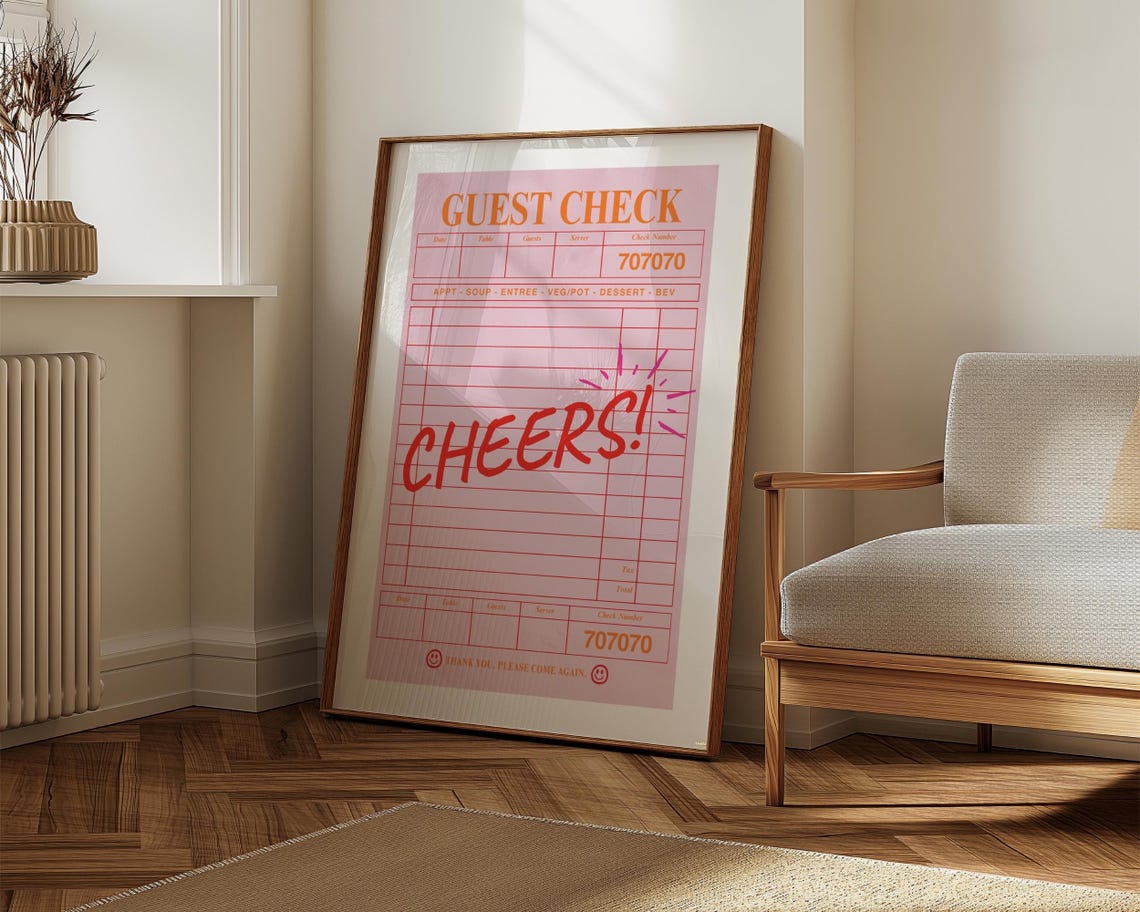 Cheers Guest Check Pink Retro Bar Cart Decor Trendy Party Quote Poster - Image 8