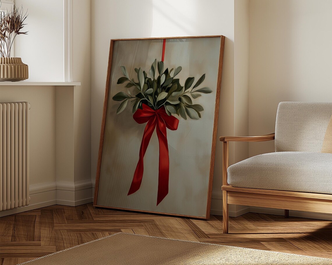 Vintage Mistletoe Red Ribbon Bow Winter Farmhouse Holiday Poster - Image 5