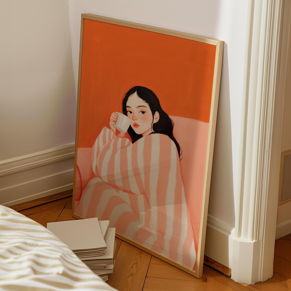 Girl With Coffee, Trendy Orange Abstract People - Image 4