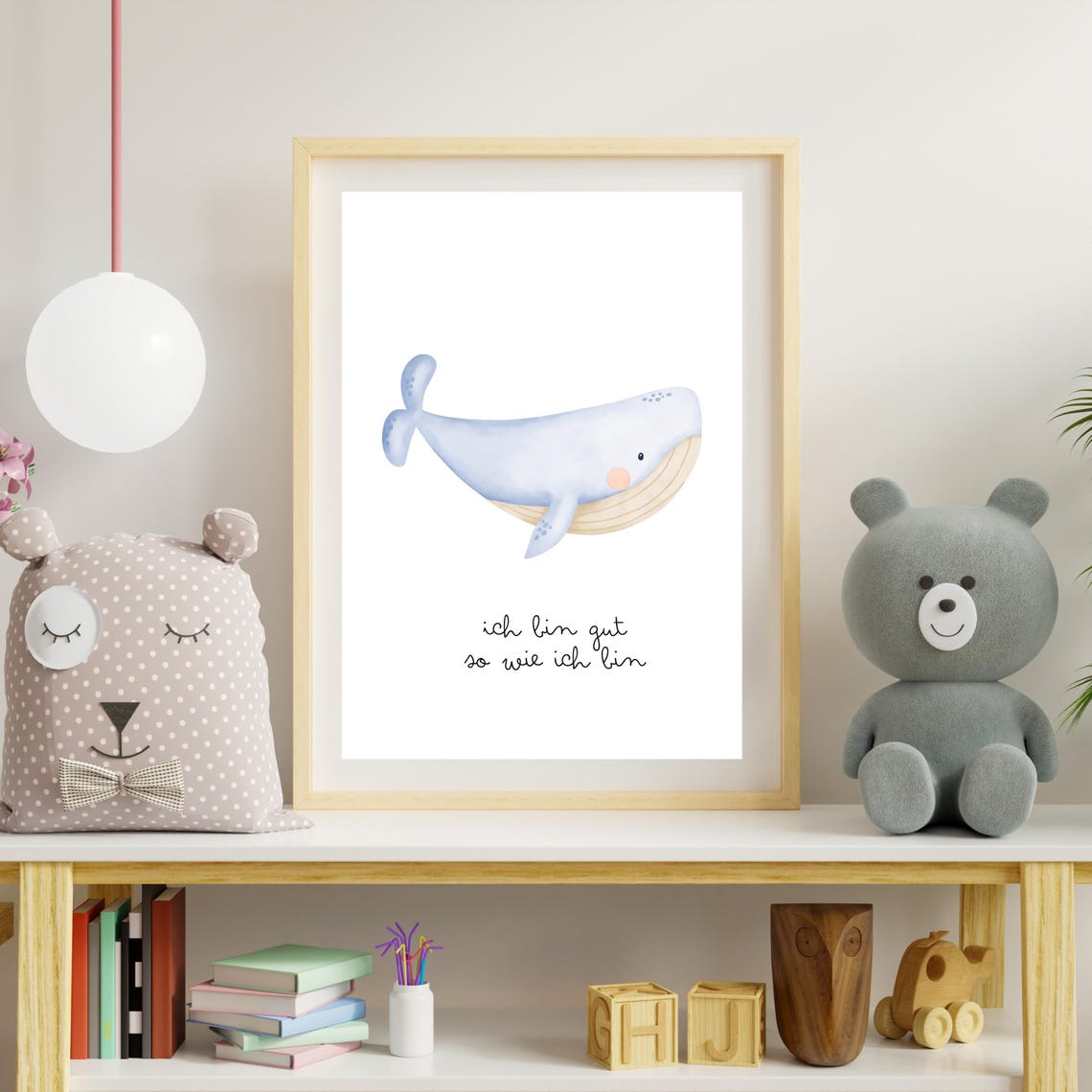 Gentle Blue Whale 'I Am Enough As I Am' Affirmation Nursery Poster