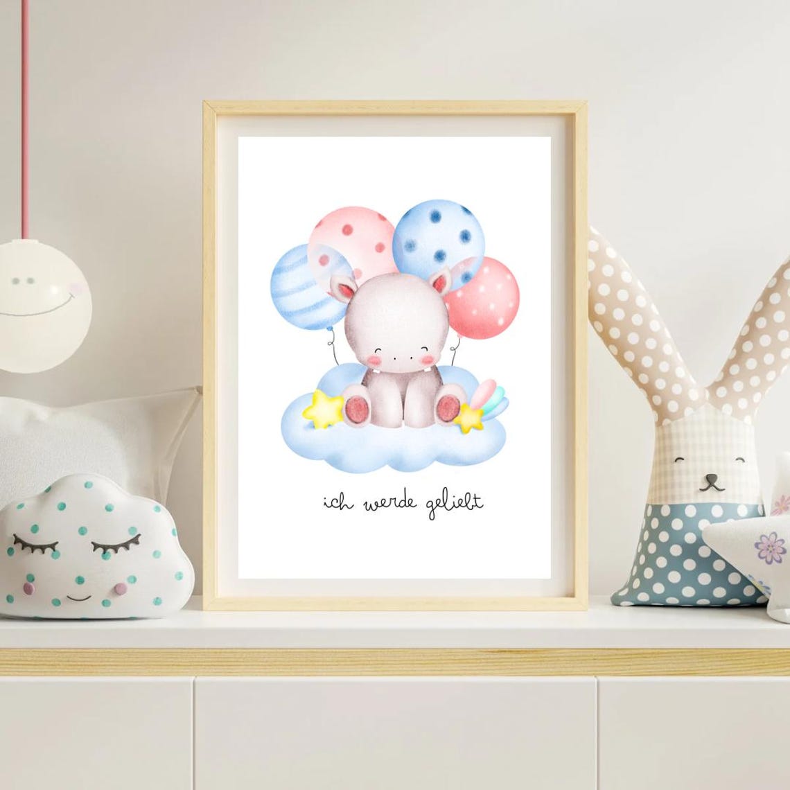 Baby Hippo With Balloons On Cloud 'I Am Loved' Nursery Wall Poster