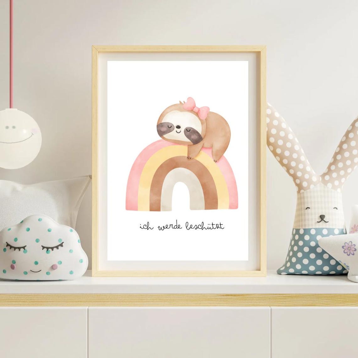 Sleepy Sloth On Pastel Rainbow 'I Am Protected' Nursery Kids Poster