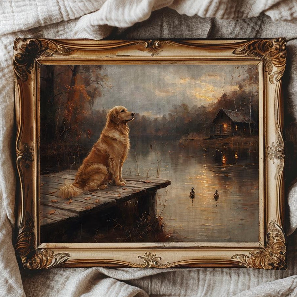 Golden Retriever On a Wooden Dock Watching Ducks at Dusk Poster