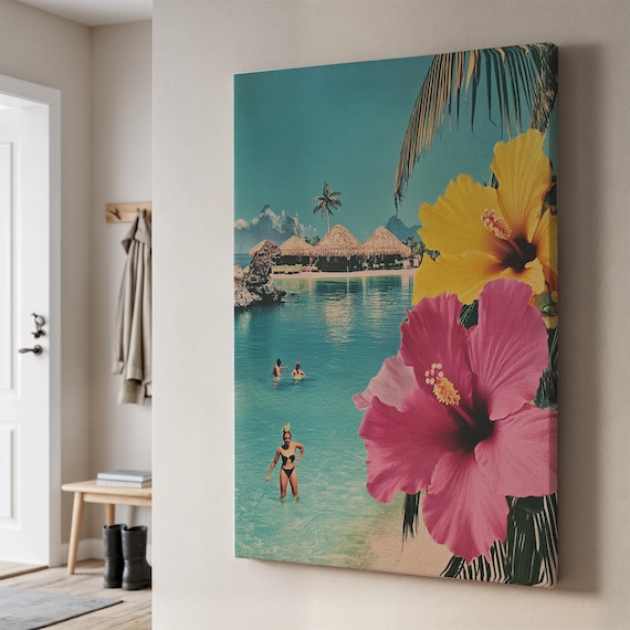 Tropical Paradise Retro Beach Swimmers Hibiscus Flower Poster