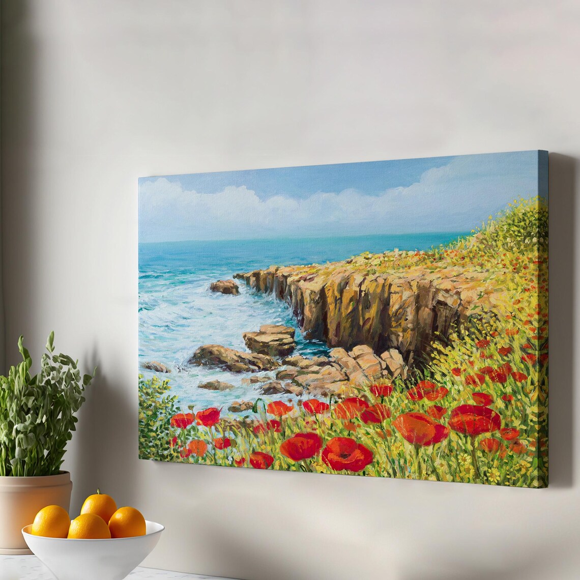 Rocky Coast Poppy Field Turquoise Sea Oil Painting Canvas Print