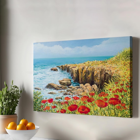Rocky Coast Poppy Field Turquoise Sea Oil Painting Canvas Print