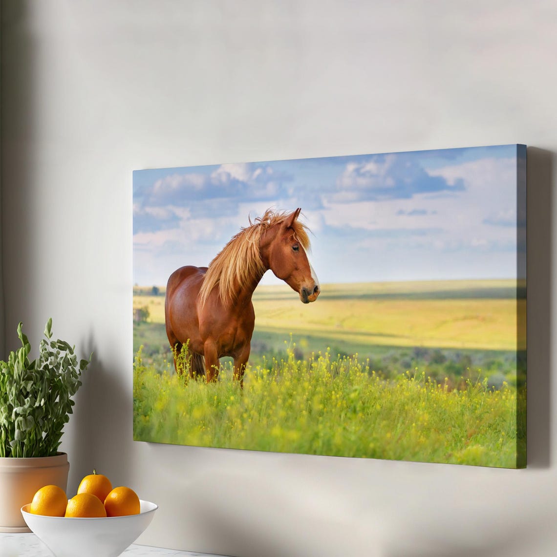 Chestnut Horse in Wildflower Meadow Sunny Pasture Photo Poster