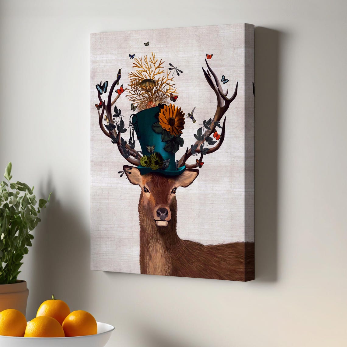Surreal Hatwearing Deer Decorative Wall Art Canvas Print Large Housewarming Gift
