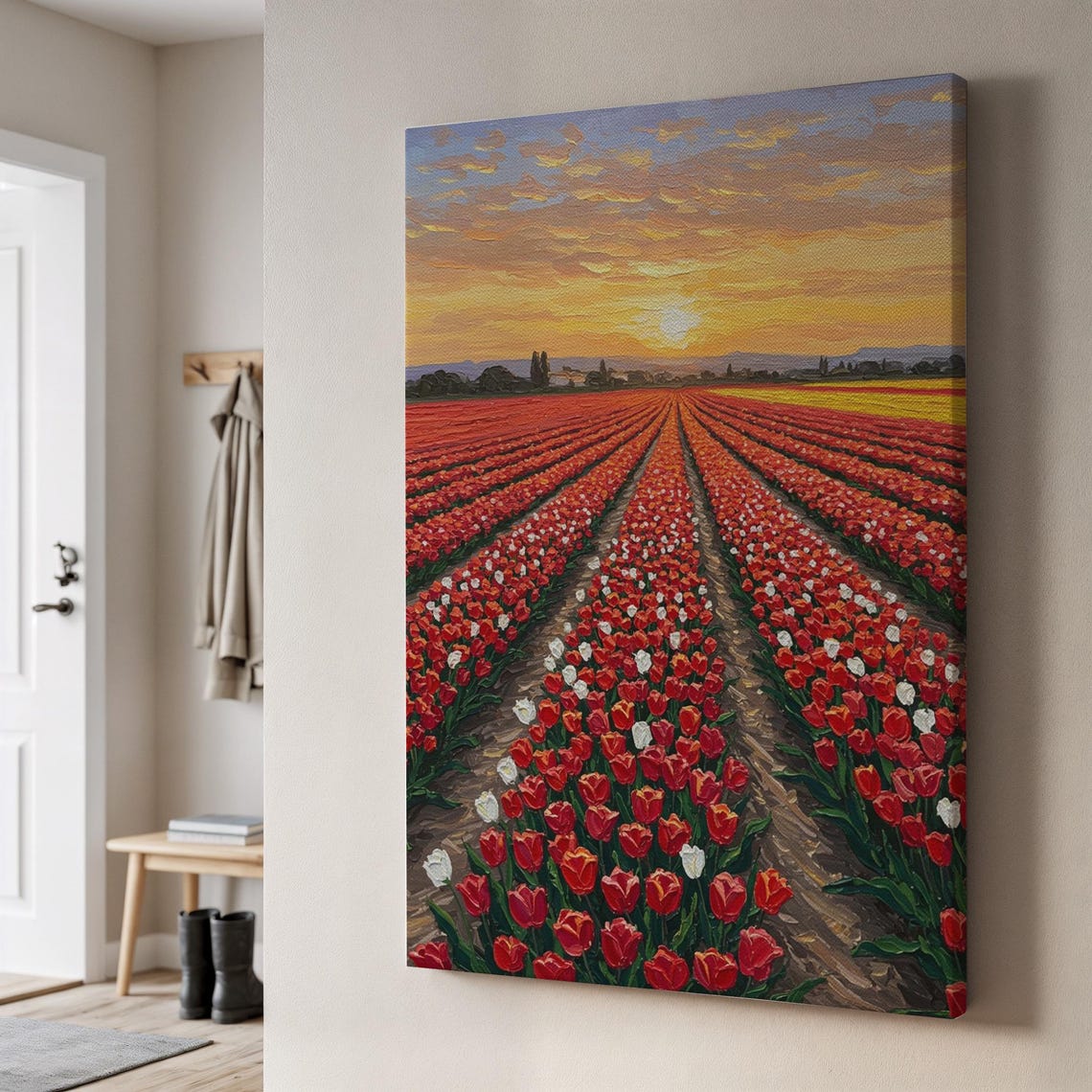 Tulip Field Sunset Canvas Red Blooms Golden Sky Floral Wall Art