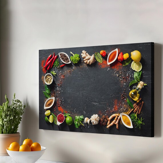 Colorful Spices on Dark Slate Kitchen Food Canvas Style Print