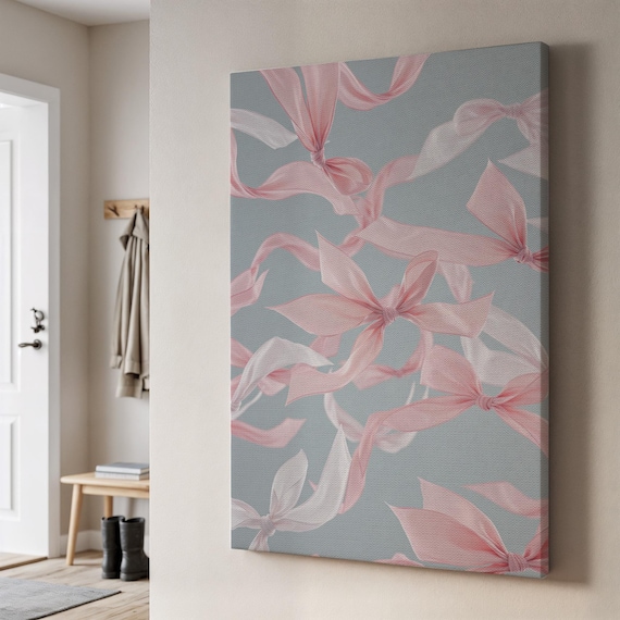Pink Satin Ribbon Bow Pattern Pastel Blue Coquette Preppy Wall Art