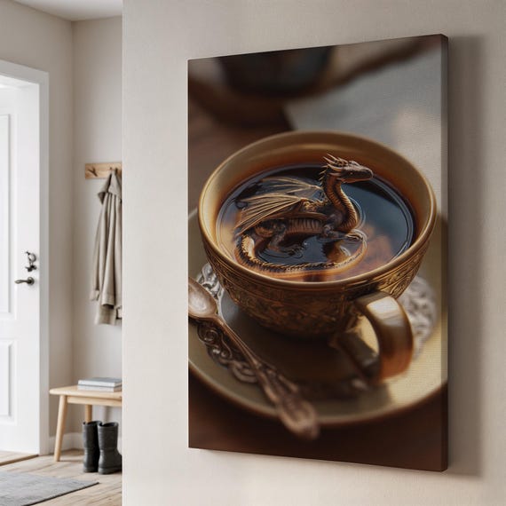 Fantasy Dragon In Teacup Canvas Art Detailed Gold Cup With Miniature Coffeesurreal Magical Wall Decor For And Tea Lovers