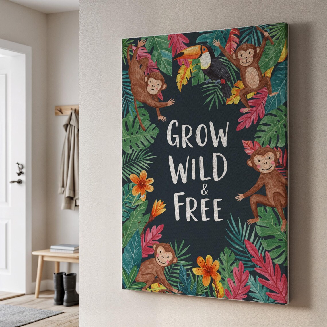Grow Wild Free Jungle Nursery Canvas Monkeys Toucan Tropical Quote Poster