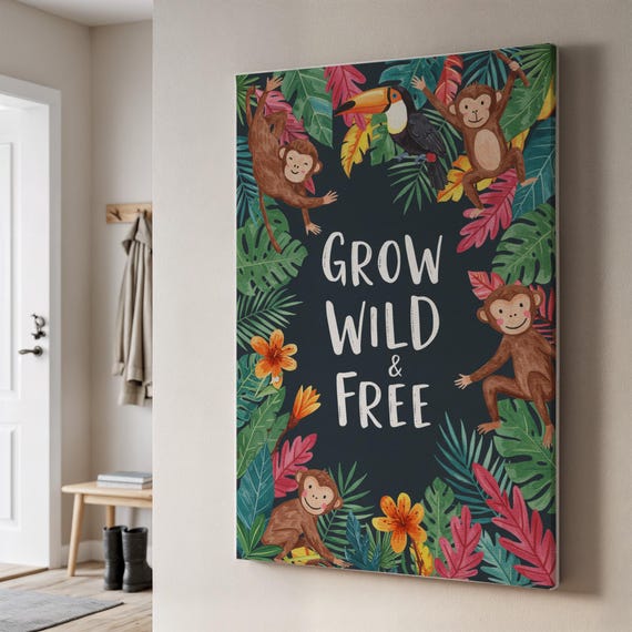 Grow Wild And Free Jungle Nursery Wall Art Monkey Tropical Canvas Print Kids Room Quote Decor Playroom Baby Shower Gift Boho Safari