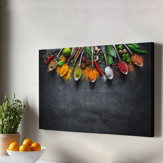 Spices In Silver Spoons On Black Kitchen Still Life Photography Wall Art