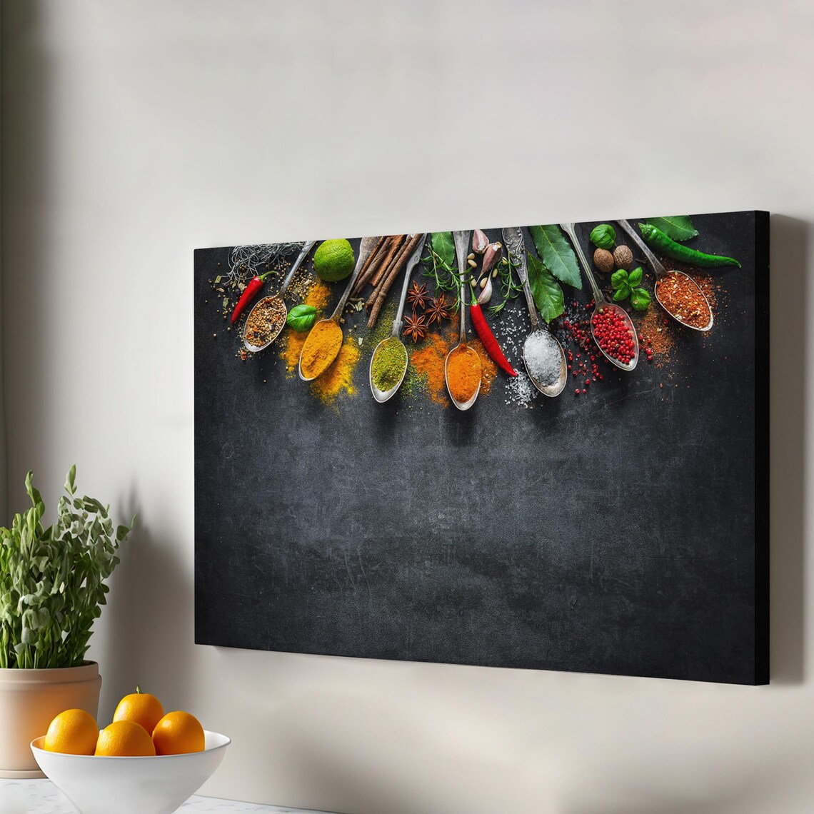 Spices In Silver Spoons On Black Kitchen Still Life Photography Wall Art