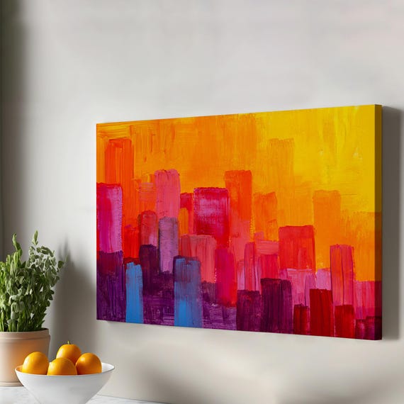 Colorful City Silhouette Canvas Wall Art Housewarming Gifts Large Abstract Framed